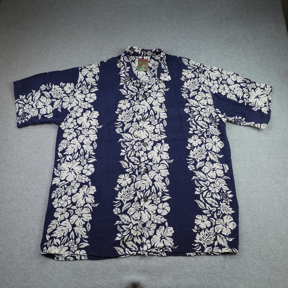 Pineapple Connection Shirt Mens L Blue Hibiscus Floral Button Up Hawaiian